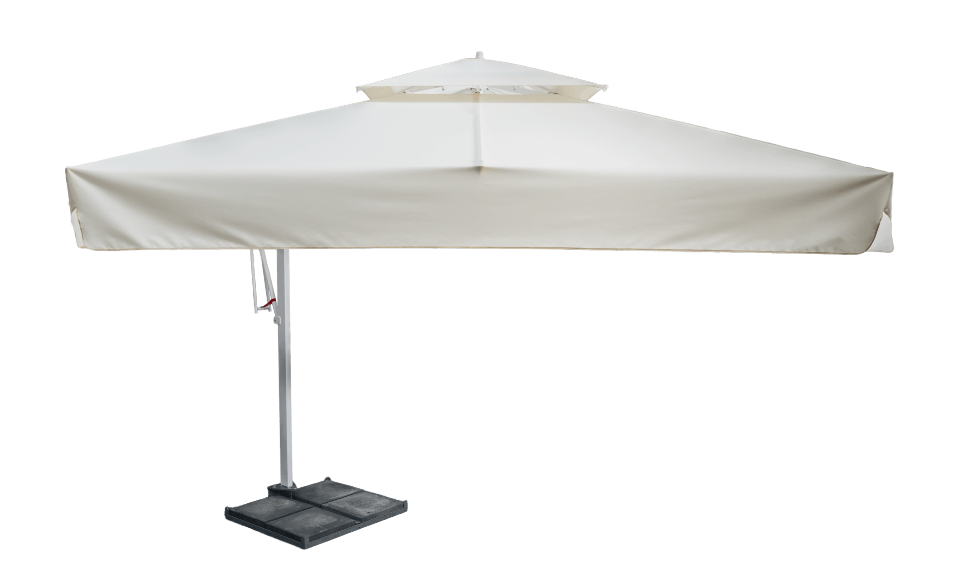 White outdoor patio umbrella on a metal stand with a crank and a square, heavy base.