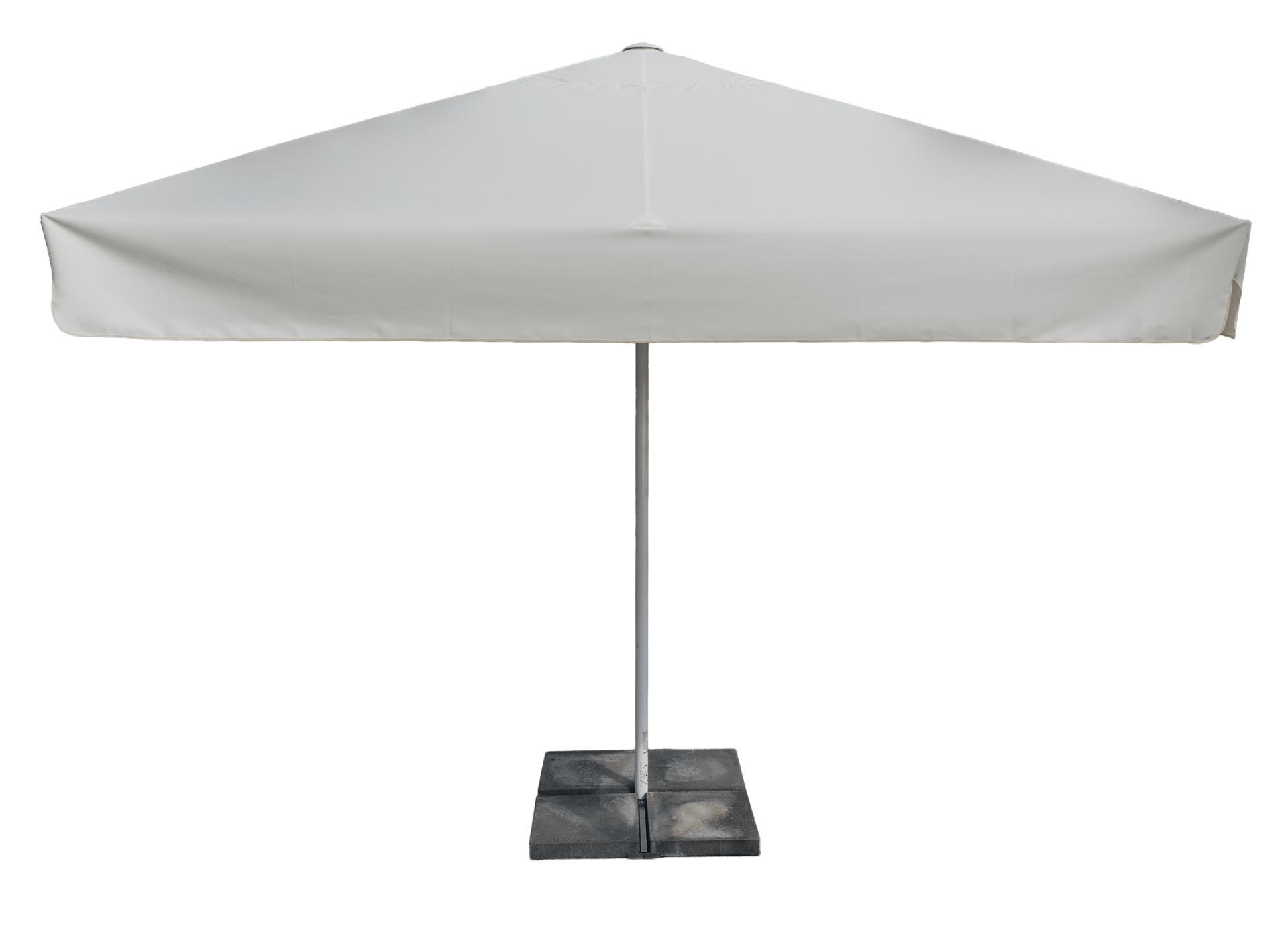 White outdoor patio umbrella with a central pole and square metal base on a paved surface as shade in a yard or patio area