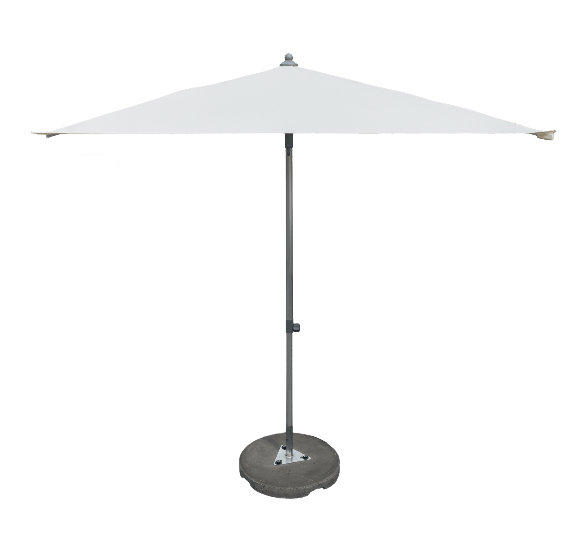 White outdoor umbrella with a tall central pole and a wide, sloping canopy mounted on a round base.